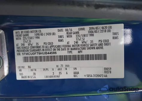 2017 Ford Escape S z USA, uszkodzony, nr VIN 1FMCU0F79HUB44586